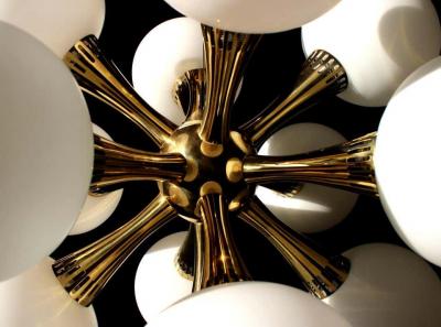  Stilnovo Opal Glass and Brass Chandelier Italy 1950s