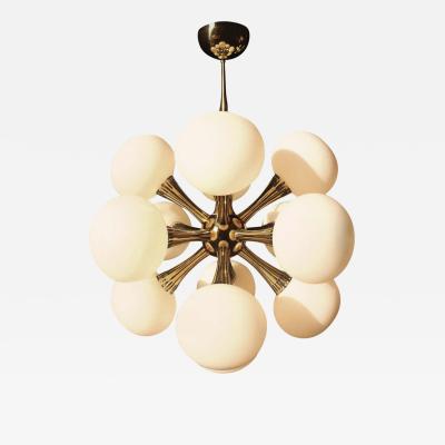  Stilnovo Opal Glass and Brass Chandelier Italy 1950s