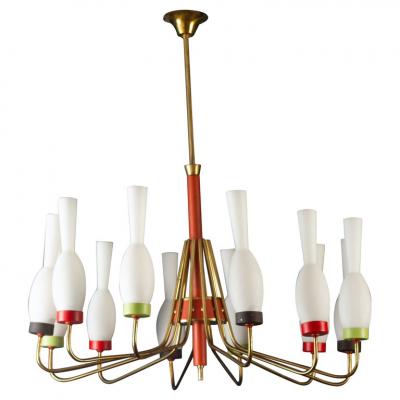  Stilnovo Original Brass and Murano Glass Chandelier Attr to Stilnovo Italy 1950s