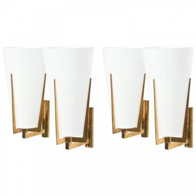  Stilnovo Pair Stilnovo Brass and Frosted Glass Wall Lights Sconce Italy