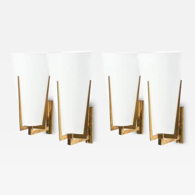  Stilnovo Pair Stilnovo Brass and Frosted Glass Wall Lights Sconce Italy
