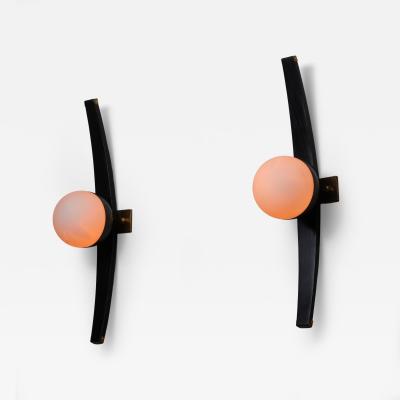  Stilnovo Pair of 1950s Italian Stilnovo Sconces in Brass Black Lacquered Wood and steel