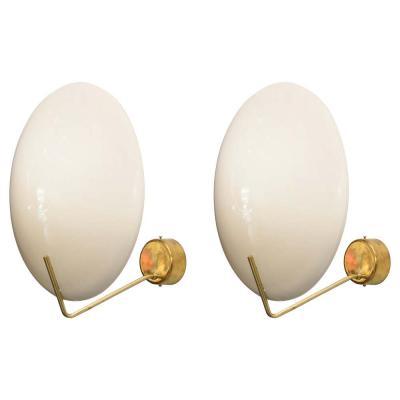  Stilnovo Pair of Italian Modern Brass and Enameled Metal Wall Lights Sconces Stilnovo