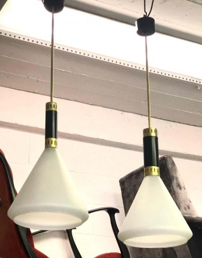  Stilnovo Pair of Mid Century Modern Milk Glass Pendant attributed to Stilnovo circa 1958