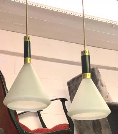  Stilnovo Pair of Mid Century Modern Milk Glass Pendant attributed to Stilnovo circa 1958