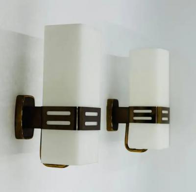  Stilnovo Pair of Opaline Glass Brass Wall Sconces by Stilnovo Signed Italy 1960s