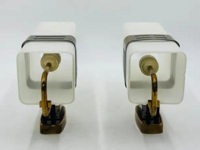  Stilnovo Pair of Opaline Glass Brass Wall Sconces by Stilnovo Signed Italy 1960s