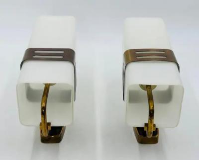  Stilnovo Pair of Opaline Glass Brass Wall Sconces by Stilnovo Signed Italy 1960s