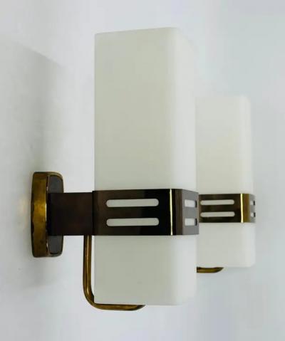  Stilnovo Pair of Opaline Glass Brass Wall Sconces by Stilnovo Signed Italy 1960s