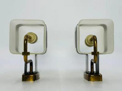  Stilnovo Pair of Opaline Glass Brass Wall Sconces by Stilnovo Signed Italy 1960s