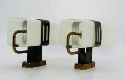  Stilnovo Pair of Opaline Glass Brass Wall Sconces by Stilnovo Signed Italy 1960s