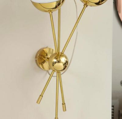  Stilnovo Pair of Opaline Globe Sconces in Polished Brass