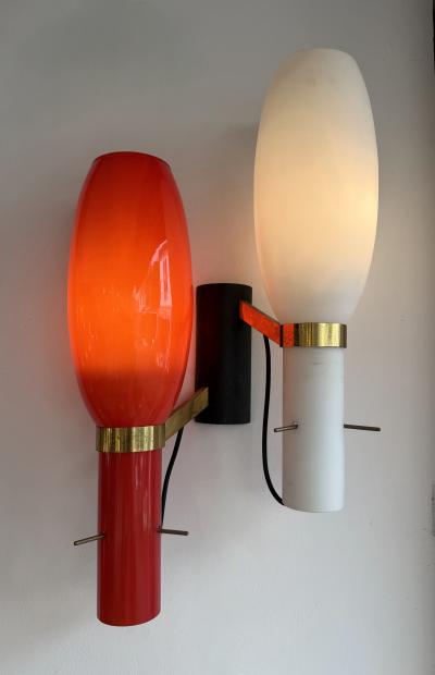  Stilnovo Pair of Sconces Brass and Glass by Stilnovo Italy 1950s