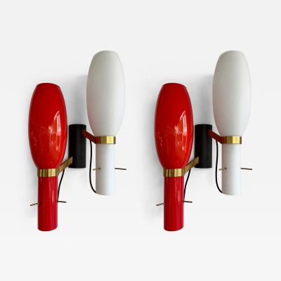  Stilnovo Pair of Sconces Brass and Glass by Stilnovo Italy 1950s