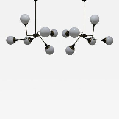  Stilnovo Pair of Stilnovo Style Chandeliers in Brass and Glass 1960s