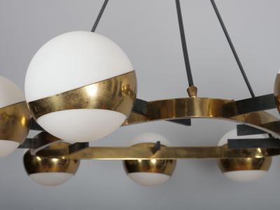 Stilnovo Rare Stilnovo chandelier brass and nine opaline shades Italy c1950