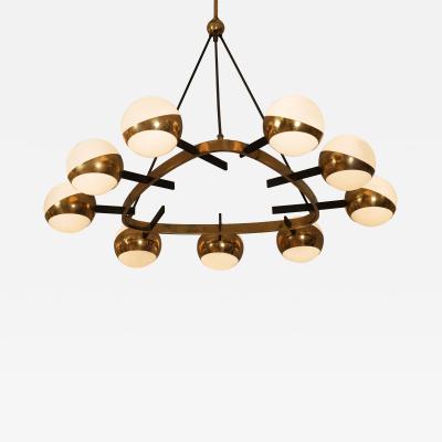 Stilnovo Rare Stilnovo chandelier brass and nine opaline shades Italy c1950