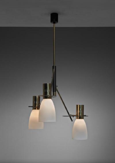  Stilnovo Reversible Stilnovo Three Armed Brass and Glass Chandelier 1950s