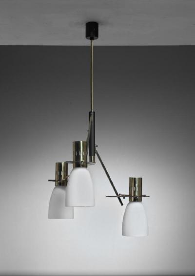 Stilnovo Reversible Stilnovo Three Armed Brass and Glass Chandelier 1950s