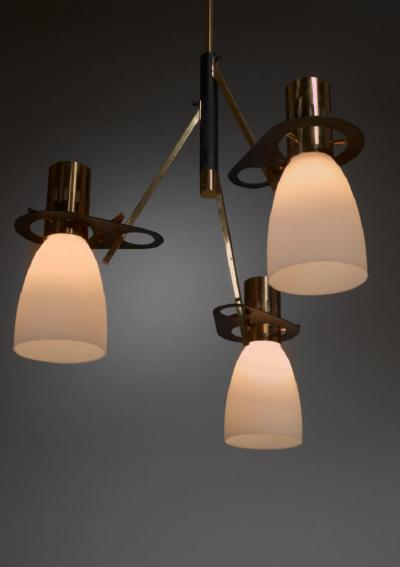  Stilnovo Reversible Stilnovo Three Armed Brass and Glass Chandelier 1950s