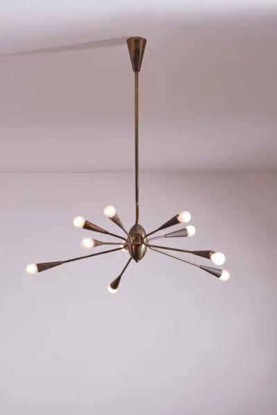  Stilnovo Sputnik ten lights brass chandelier attribute to Stilnovo Italy 1950s