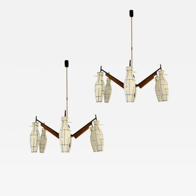  Stilnovo Stilnovo 1958 Italian Black White Glass Pair of 6 Light Teak Brass Chandeliers