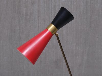  Stilnovo Stilnovo Adjustable Brass Desk Lamp Black and Red Diabolo Shade Italy 1950s