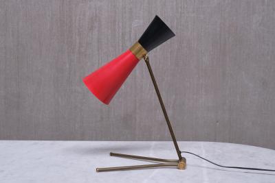  Stilnovo Stilnovo Adjustable Brass Desk Lamp Black and Red Diabolo Shade Italy 1950s