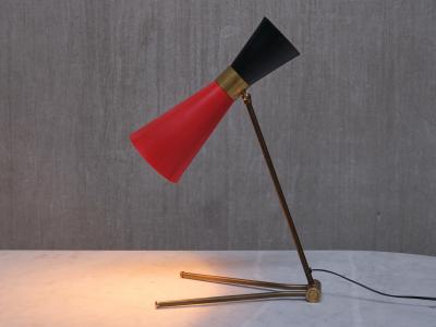  Stilnovo Stilnovo Adjustable Brass Desk Lamp Black and Red Diabolo Shade Italy 1950s