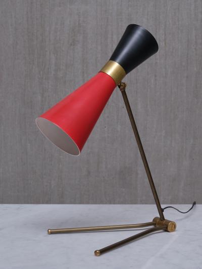  Stilnovo Stilnovo Adjustable Brass Desk Lamp Black and Red Diabolo Shade Italy 1950s