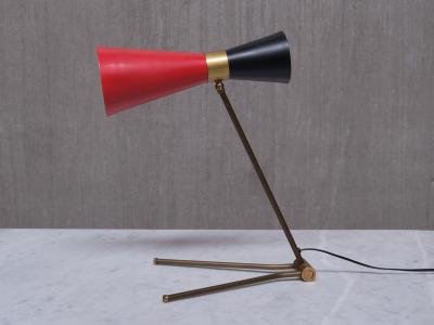  Stilnovo Stilnovo Adjustable Brass Desk Lamp Black and Red Diabolo Shade Italy 1950s