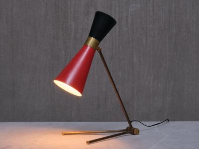  Stilnovo Stilnovo Adjustable Brass Desk Lamp Black and Red Diabolo Shade Italy 1950s