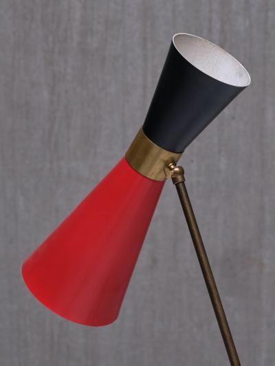  Stilnovo Stilnovo Adjustable Brass Desk Lamp Black and Red Diabolo Shade Italy 1950s