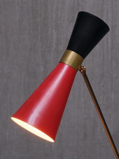  Stilnovo Stilnovo Adjustable Brass Desk Lamp Black and Red Diabolo Shade Italy 1950s