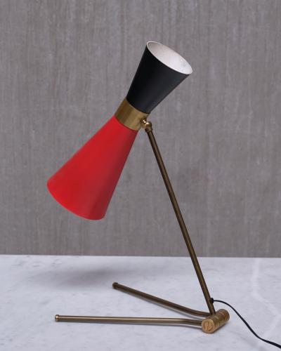  Stilnovo Stilnovo Adjustable Brass Desk Lamp Black and Red Diabolo Shade Italy 1950s