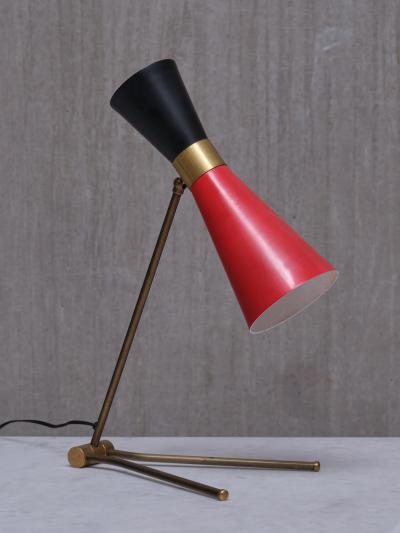  Stilnovo Stilnovo Adjustable Brass Desk Lamp Black and Red Diabolo Shade Italy 1950s