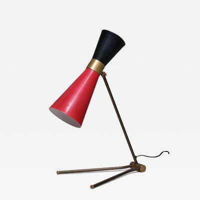  Stilnovo Stilnovo Adjustable Brass Desk Lamp Black and Red Diabolo Shade Italy 1950s