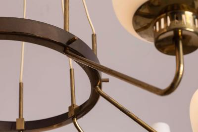  Stilnovo Stilnovo Eight Light Brass and Opaline Glass Chandelier Italy 1950s