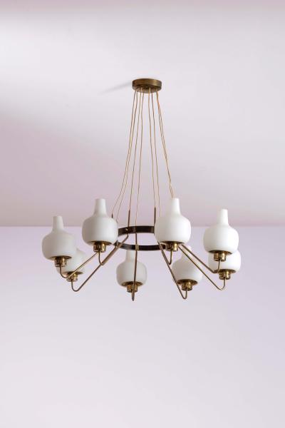  Stilnovo Stilnovo Eight Light Brass and Opaline Glass Chandelier Italy 1950s