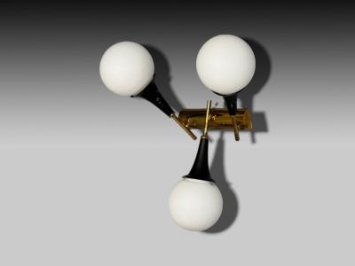  Stilnovo Stilnovo Italian Mid Century Modern Brass Glass Three Light Sconce 1950s