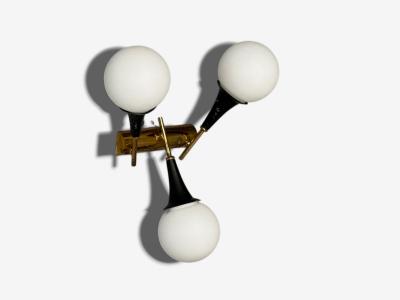  Stilnovo Stilnovo Italian Mid Century Modern Brass Glass Three Light Sconce 1950s