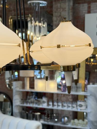  Stilnovo Stilnovo Opaline Glass Chandelier with Brass Black Accents 1950s