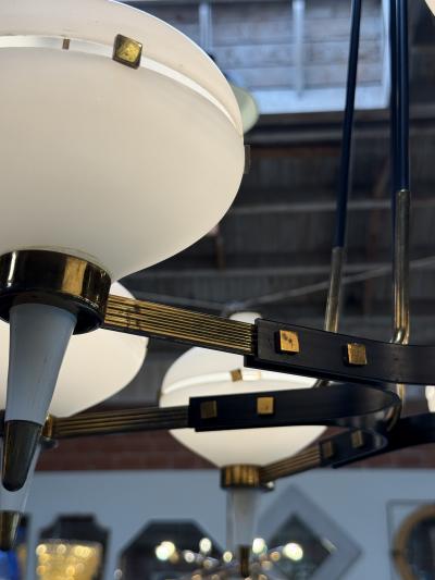  Stilnovo Stilnovo Opaline Glass Chandelier with Brass Black Accents 1950s