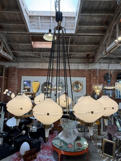  Stilnovo Stilnovo Opaline Glass Chandelier with Brass Black Accents 1950s