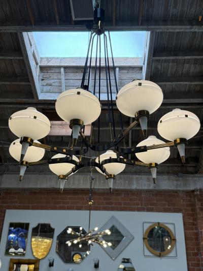  Stilnovo Stilnovo Opaline Glass Chandelier with Brass Black Accents 1950s