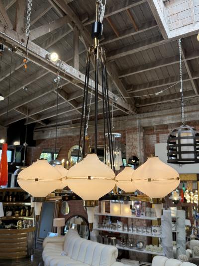 Stilnovo Stilnovo Opaline Glass Chandelier with Brass Black Accents 1950s
