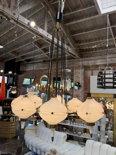  Stilnovo Stilnovo Opaline Glass Chandelier with Brass Black Accents 1950s