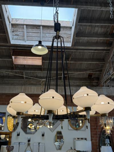  Stilnovo Stilnovo Opaline Glass Chandelier with Brass Black Accents 1950s