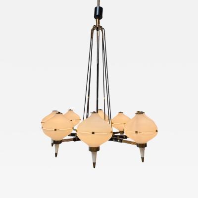  Stilnovo Stilnovo Opaline Glass Chandelier with Brass Black Accents 1950s