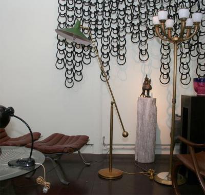  Stilnovo Stilnovo Style Italian Brass Floor Lamp with Green Shade